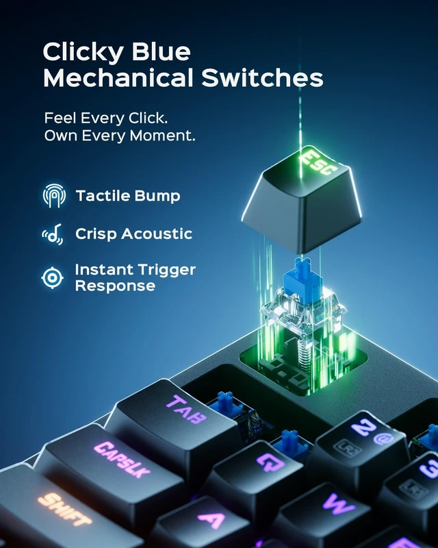 Alt view image 2 of 5 - wegear Wired Mechanical Gaming Keyboard with Clicky Switch,104-Key, Black