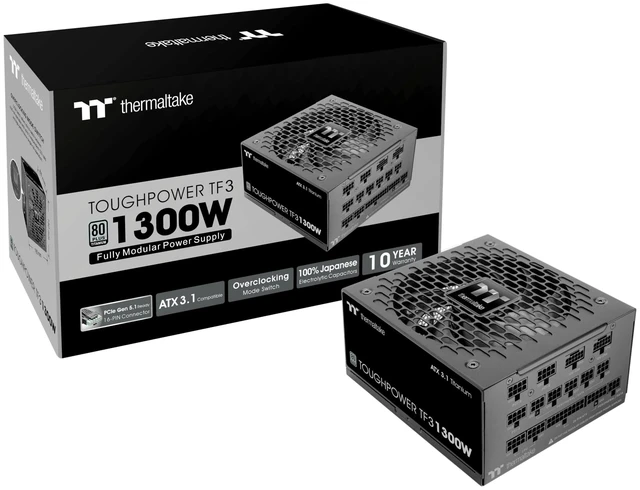 Main image of Thermaltake Toughpower TF3 1300W; 2X Native PCIe 5.1 12V-2x6; Dual-Color H++ Connectors; Etched Flat Cables; Multi/Single Rail OCM Toggle; 100% Japanese Capacitors; 80+ Titanium; PS-TPD-1300