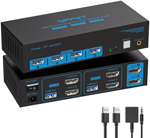 Main image of 8K HDMI KVM Switch 2 Monitors 2 Computers, USB 3.0 Dual Monitor KVM Switch