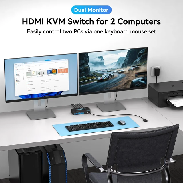 Alt view image 2 of 5 - 8K HDMI KVM Switch 2 Monitors 2 Computers, USB 3.0 Dual Monitor KVM Switch