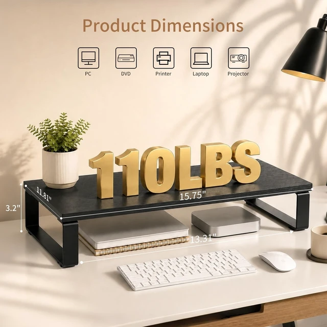 Alt view image 2 of 5 - XINYAO 2 Pack Monitor Riser for Desk, Wood and Steel, 16*12*3 inch, Black