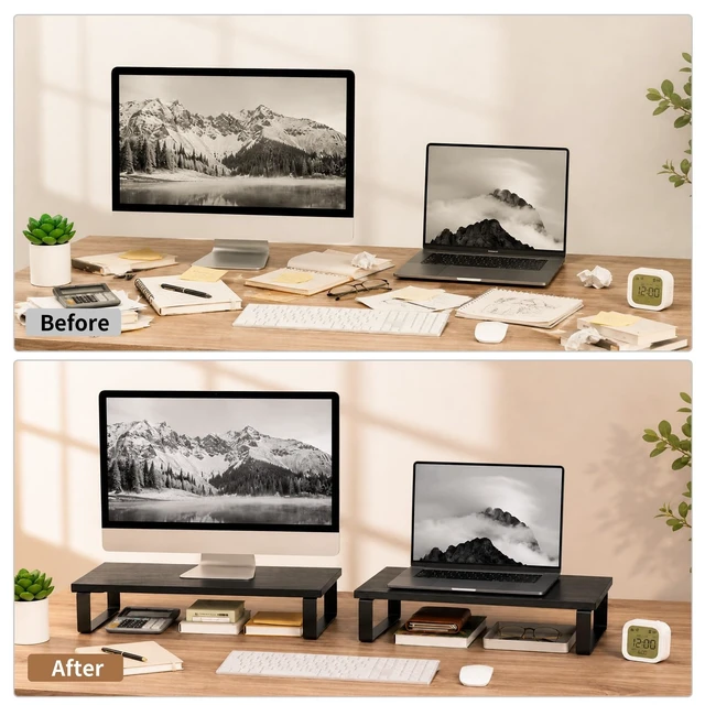 Alt view image 5 of 5 - XINYAO 2 Pack Monitor Riser for Desk, Wood and Steel, 16*12*3 inch, Black