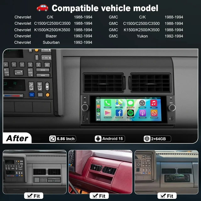 Alt view image 2 of 5 - Android Car Radio Stereo for 1988-1994 Chevrolet C/K Blazer Suburban GMC