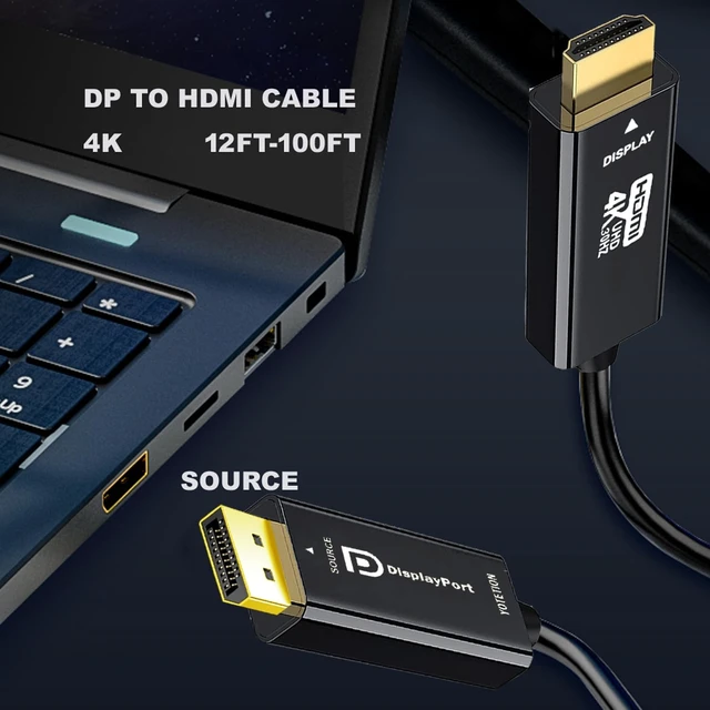 Alt view image 4 of 5 - 4K DisplayPort to HDMI 40FT Cable, DP to HDMI Male Video UHD Unidirectional Adapter, 4K@30Hz, 1080P@120Hz, 3840 x 2160 Compatible with Dell, HP, Lenovo, Black