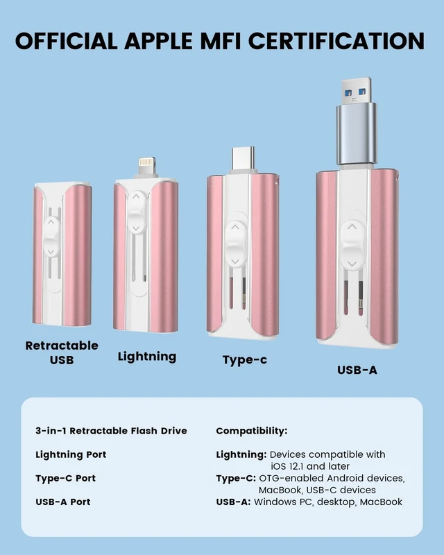Alt view image 2 of 5 - MFI Certified 256GB Flash Drive Photo Stick and USB Stick Offers Photo/Video Storage, The External Storage is Compatible with iOS, Android, and Pc,1 Pack (Pink)(Available Space: ~244GB)