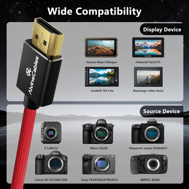 Alt view image 3 of 5 - Alvin's Cables 8K 2.1 HDMI High Speed Braided Coiled Cable Left Angle to Right Angle for Atomos Ninja V, Portkeys BM5, for Feelworld Monitor, for Canon C300, Z CAM E2, Sony FS5^^ FS7^^ A7S3 Cameras Re