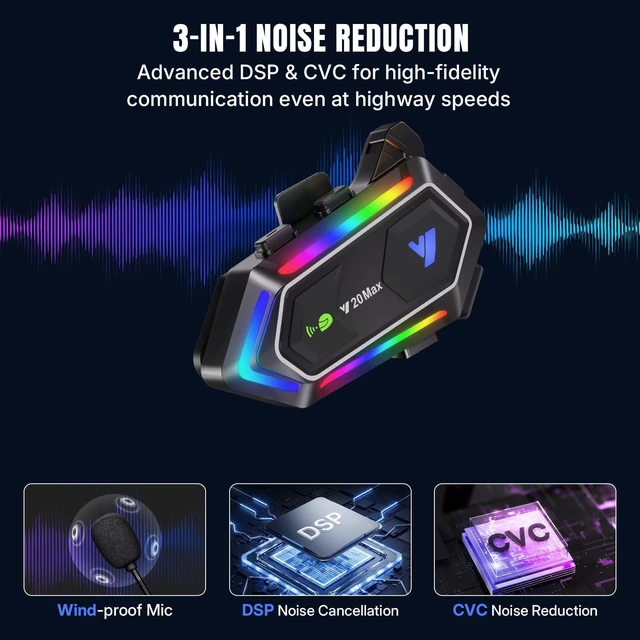 Alt view image 2 of 5 - Oumurs Y20MAX Motorcycle Bluetooth Headset, 2-Way Intercom Communication System, CVC Noise Cancellation Dual Chip BT5.3 Music Share Audio Multitasking, Waterproof 2 Type Mics Fit for All Helmets