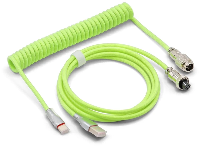 Main image of Glacier Premium Durable Quality Braided USB-C to USB-A Coiled Cable with Detachable Metal Aviator Connector Plug for Mechanical Keyboard (Neon Green)