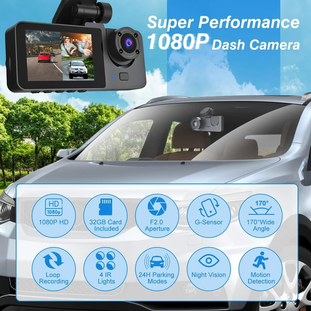 Alt view image 2 of 5 - 3 Channel Dash Cam Front Rear and Inside, 1080P FHD Car Camera with 32GB MMC Card, Night Vision, Parking Monitor, G-Sensor, Motion Detection, Loop Recording for Cars, SUVs, Trucks