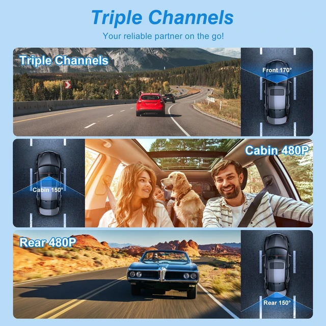 Alt view image 3 of 5 - 3 Channel Dash Cam Front Rear and Inside, 1080P FHD Car Camera with 32GB MMC Card, Night Vision, Parking Monitor, G-Sensor, Motion Detection, Loop Recording for Cars, SUVs, Trucks