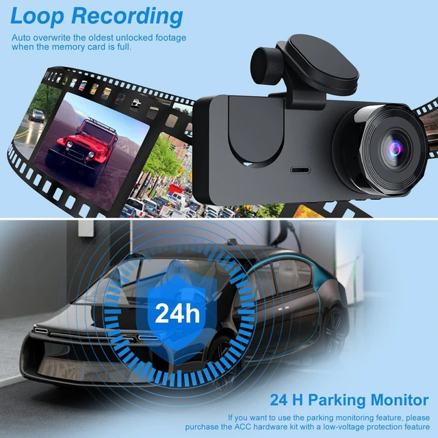 Alt view image 5 of 5 - 3 Channel Dash Cam Front Rear and Inside, 1080P FHD Car Camera with 32GB MMC Card, Night Vision, Parking Monitor, G-Sensor, Motion Detection, Loop Recording for Cars, SUVs, Trucks