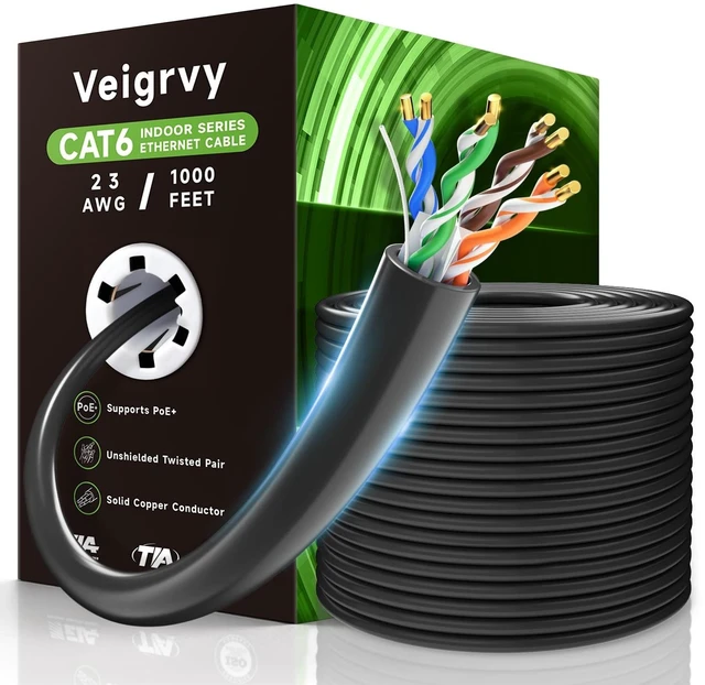 Main image of Veigrvy Cat 6 Bulk Ethernet Cable 1000 ft, 23AWG Solid Bare Copper, High Speed Cat6 Network LAN Cable with RJ45 Connector, 550MHz 10Gbps, PoE+, UTP, Compatible with Router, Modem, Gaming, PC, Black