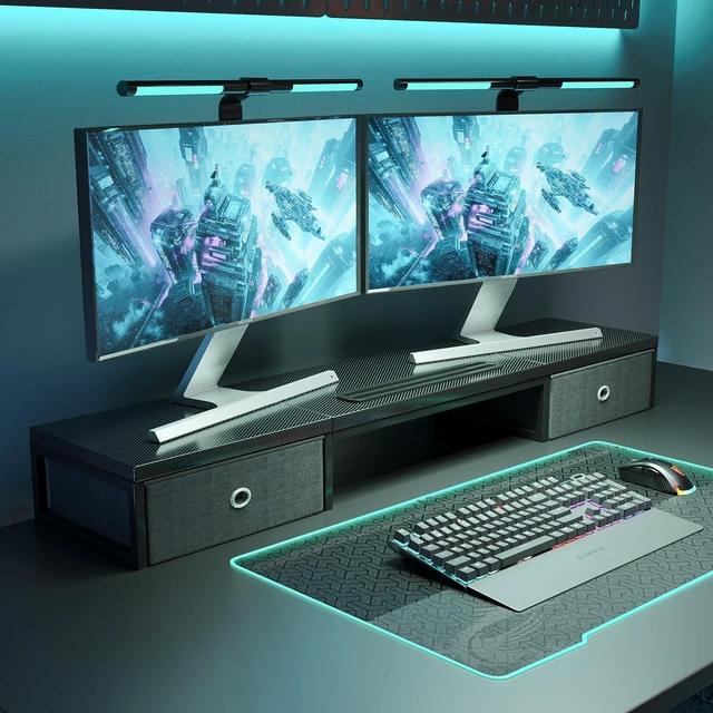 Main image of Mexin 39" Dual Monitor Stand Riser with 2 Storage Drawers, Carbon Fiber Computer Desk Organizer for 2 Monitors, Heavy Duty 100 Lbs Desktop Stand with Phone Tablet Holder for Home Office, Black