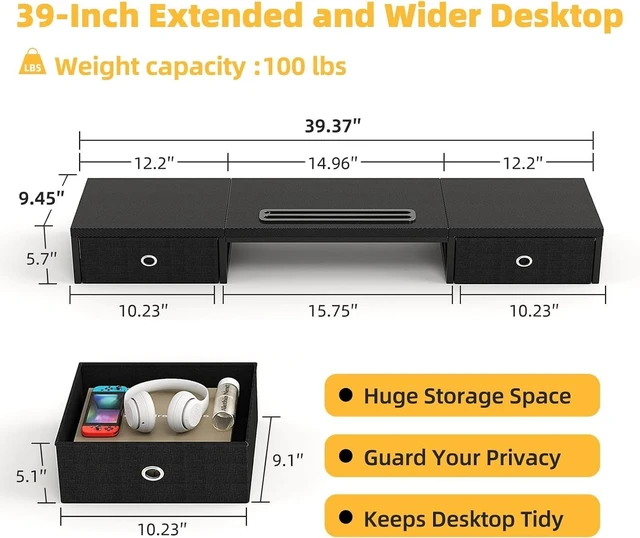 Alt view image 3 of 5 - Mexin 39" Dual Monitor Stand Riser with 2 Storage Drawers, Carbon Fiber Computer Desk Organizer for 2 Monitors, Heavy Duty 100 Lbs Desktop Stand with Phone Tablet Holder for Home Office, Black