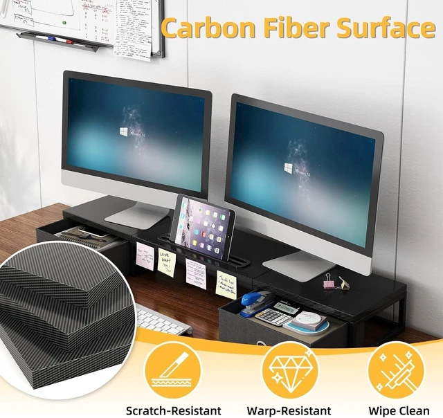 Alt view image 4 of 5 - Mexin 39" Dual Monitor Stand Riser with 2 Storage Drawers, Carbon Fiber Computer Desk Organizer for 2 Monitors, Heavy Duty 100 Lbs Desktop Stand with Phone Tablet Holder for Home Office, Black