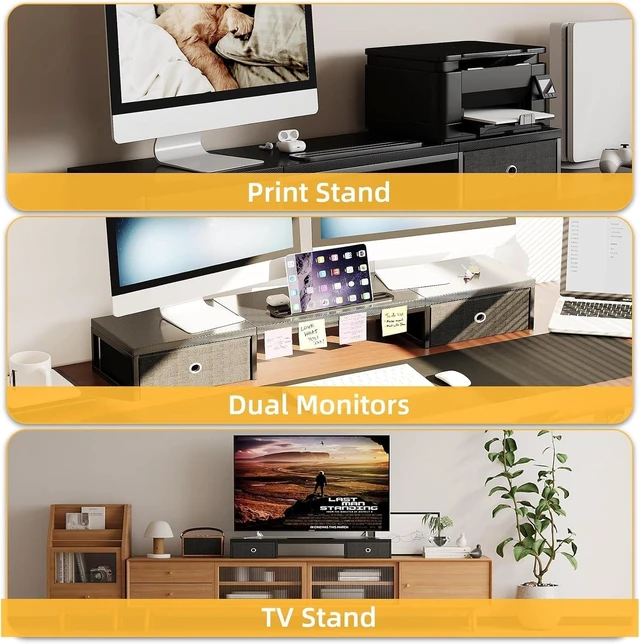 Alt view image 5 of 5 - Mexin 39" Dual Monitor Stand Riser with 2 Storage Drawers, Carbon Fiber Computer Desk Organizer for 2 Monitors, Heavy Duty 100 Lbs Desktop Stand with Phone Tablet Holder for Home Office, Black