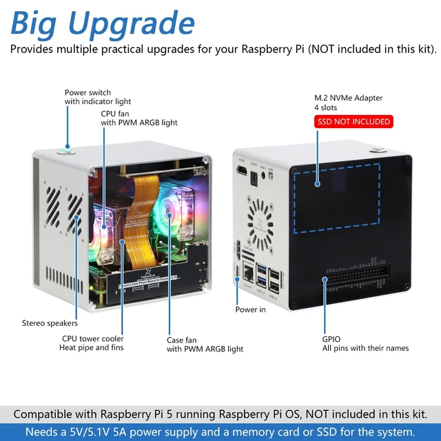 Alt view image 2 of 5 - Freenove NAS Case for Raspberry Pi 5 (NOT Included), Quad M.2 NVMe SSD Slots, PWM ARGB Fans Light Sync, CPU Tower Cooler, Built-in Stereo Speakers, 3.5 mm and Optical Audio (S/PDIF) Outputs