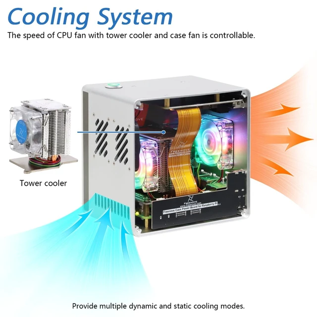 Alt view image 5 of 5 - Freenove NAS Case for Raspberry Pi 5 (NOT Included), Quad M.2 NVMe SSD Slots, PWM ARGB Fans Light Sync, CPU Tower Cooler, Built-in Stereo Speakers, 3.5 mm and Optical Audio (S/PDIF) Outputs