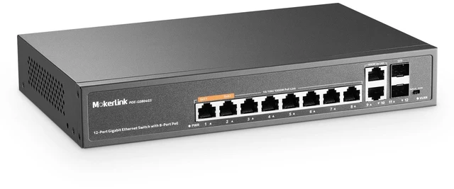 Main image of MokerLink 12 Port Gigabit PoE Switch with 8 PoE+ Port, 2 Gigabit Uplink, 2 SFP Port, 120W AI Detection, Qos & Extend, Fanless Metal Plug & Play Unmanaged Network Switch