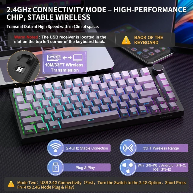 Alt view image 3 of 5 - Wireless Mechanical Keyboard, Bluetooth/2.4GHz/USB-C 3 in 1 Modes Connection with RGB Backlit, Side Printed PBT Keycaps, 75% Hot Swappable Custom Keyboard with Knob Mechanical Gaming Keyboards