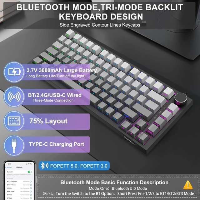 Alt view image 2 of 5 - Wireless Mechanical Keyboard, Bluetooth/2.4GHz/USB-C 3 in 1 Modes Connection with RGB Backlit, Side Printed PBT Keycaps, 75% Hot Swappable Custom Keyboard with Knob Mechanical Gaming Keyboards
