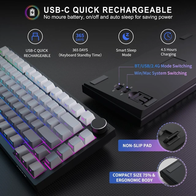 Alt view image 5 of 5 - Wireless Mechanical Keyboard, Bluetooth/2.4GHz/USB-C 3 in 1 Modes Connection with RGB Backlit, Side Printed PBT Keycaps, 75% Hot Swappable Custom Keyboard with Knob Mechanical Gaming Keyboards