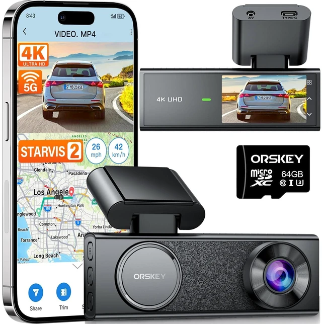 Main image of ORSKEY 4K Dash Cam, STARVIS 2 Sensor, 64GB SD Card Included, Dash Camera for Cars with 5GHz Wi-Fi GPS, 2.45" IPS, WDR Night Vision, 24H Parking Mode