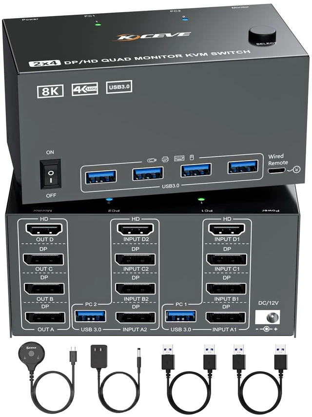 Main image of NAWEN 8K Quad Monitor KVM Switch 4 Monitors 2 Computers HDMI+DP 4K@120Hz