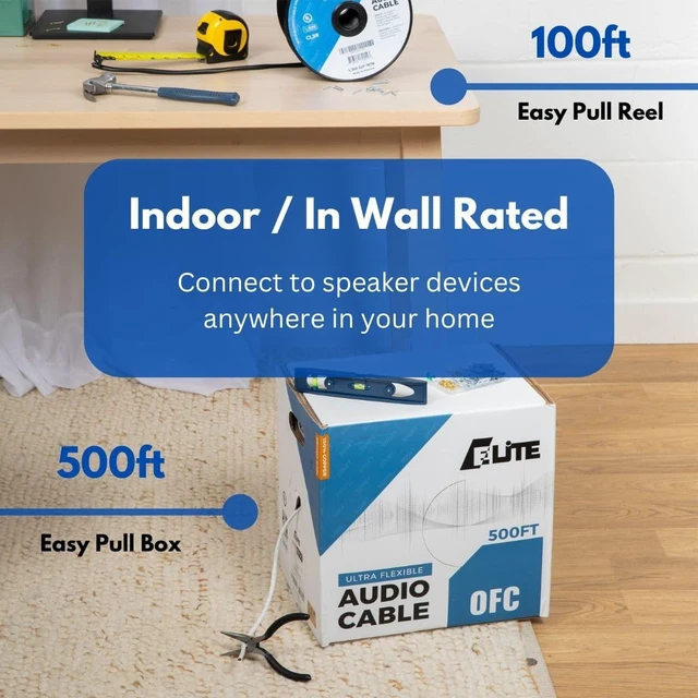 Alt view image 4 of 5 - Elite 14/2 Speaker Wire 100ft, UL Listed, CMR/CL3R, (Riser/In-Wall & Outdoor/In-Ground (Direct Burial)- 100% Oxygen Free Pure Bare Copper (OFC), 14AWG/2-Conductor, 100ft Bulk Cable (105 strands) Black