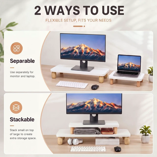 Alt view image 3 of 5 - 2 Pcs Monitor Stand Riser Wood Computer Monitor Stand with Small Stands