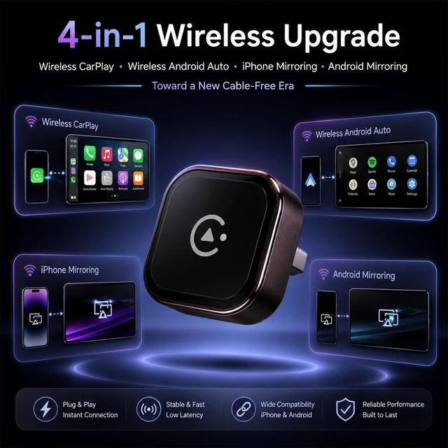 Alt view image 2 of 5 - AUSATOYN 4-in-1 Wireless CarPlay Adapter, Screen Mirroring Adapter for Car to Play TV & Movies, Convert Factory Wired to Wireless CarPlay & Android Auto, Plug & Play Car Screen Movie Pla