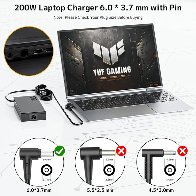 Alt view image 3 of 5 - 200W Laptop Charger Fit for ROG Strix G15 G17 G513 G713 Zenbook Pro 14 16X