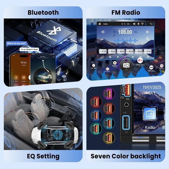 Alt view image 4 of 5 - Double Din Car Stereo with Wireless Carplay and Android Auto, 7 Inch Piano Keys Touch Screen CarRadio with Bluetooth, FM Radio, EQ, Online Video, Mirror Link, USB/AUX/Type-C, SWC+ Backup Camera