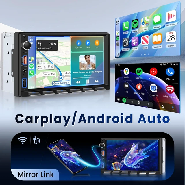 Alt view image 2 of 5 - Double Din Car Stereo with Wireless Carplay and Android Auto, 7 Inch Piano Keys Touch Screen CarRadio with Bluetooth, FM Radio, EQ, Online Video, Mirror Link, USB/AUX/Type-C, SWC+ Backup Camera