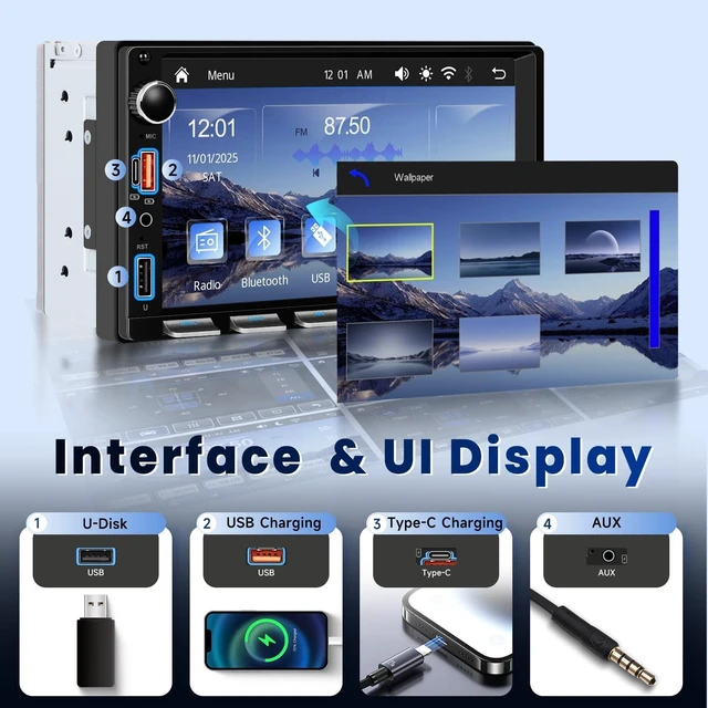 Alt view image 5 of 5 - Double Din Car Stereo with Wireless Carplay and Android Auto, 7 Inch Piano Keys Touch Screen CarRadio with Bluetooth, FM Radio, EQ, Online Video, Mirror Link, USB/AUX/Type-C, SWC+ Backup Camera