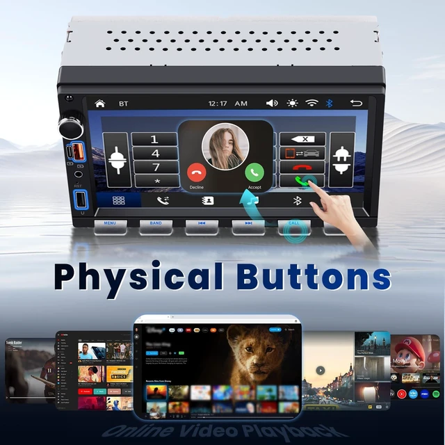 Alt view image 3 of 5 - Double Din Car Stereo with Wireless Carplay and Android Auto, 7 Inch Piano Keys Touch Screen CarRadio with Bluetooth, FM Radio, EQ, Online Video, Mirror Link, USB/AUX/Type-C, SWC+ Backup Camera