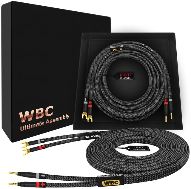 Main image of WORLDS BEST CABLES 5 Foot Ultimate - 12 AWG - Ultra-Pure OFC - Premium Audiophile HiFi Speaker Cable Pair with Eminence Gold Banana (x2) & Spade (x2) Plugs & Carbon Tweed Jacket