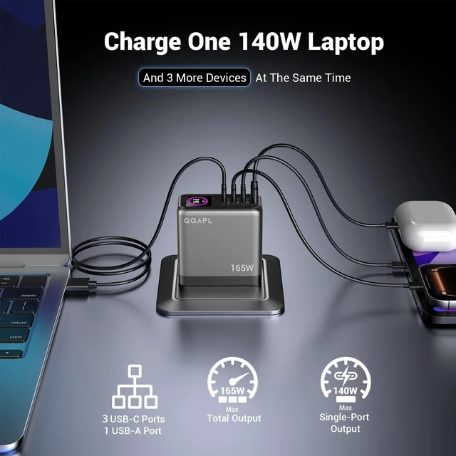 Alt view image 2 of 5 - QQAPL 165W 4-Port GaN Charger, 140W USB-C Power Adapter for MacBook Pro/Air
