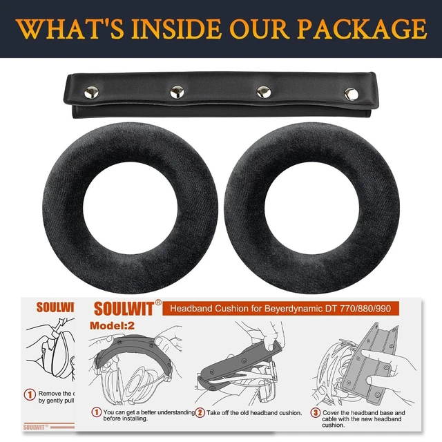 Alt view image 5 of 5 - SOULWIT Replacement Kit for Beyerdynamic DT 770/DT770 PRO Headphones, Velour Ear Pads Cushions + Protein Leather Headband - Black