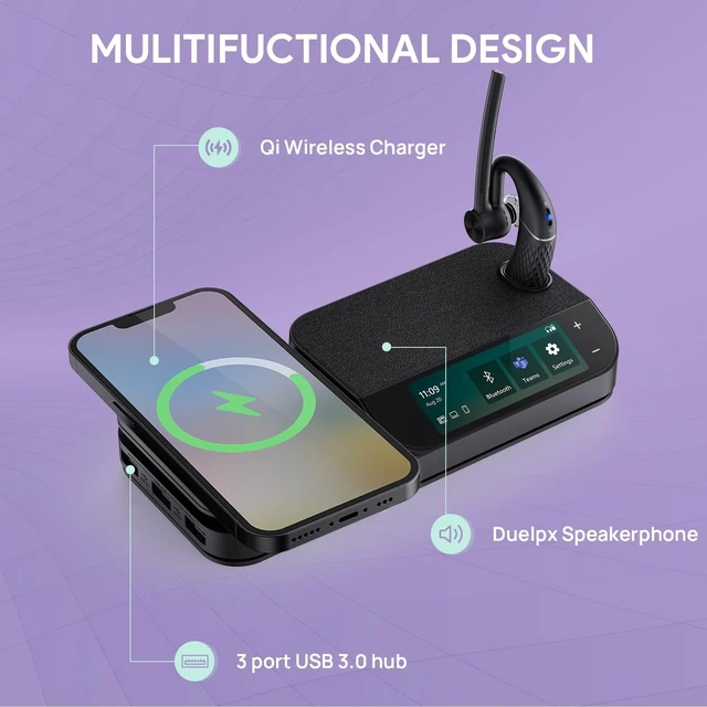 Alt view image 3 of 5 - Yealink BH71 Workstation Pro Bluetooth Headset for Office Phone, Computer, Mobile, Work with Teams (Certified) Zoom, Charging Case, Wireless Charging Pad, Speakerphone, USB 3.0 Hub, 3-Inch Touc