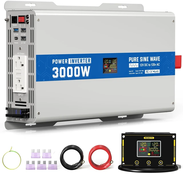 Main image of ASMONTRIC 3000W Pure Sine Wave Power Inverter 12V DC to 120V AC Converter 6000 Watt Peak Power Multi-Display Screen with 2 GFCI Outlet 30W USB and 18W Type-C for Car RV Truck Boat Off-Grid, Gray Blue