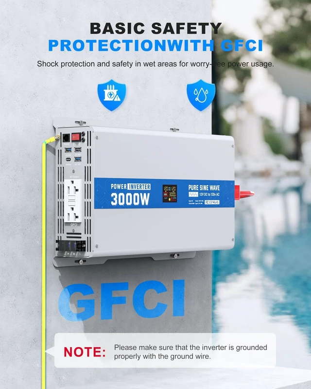 Alt view image 4 of 5 - ASMONTRIC 3000W Pure Sine Wave Power Inverter 12V DC to 120V AC Converter 6000 Watt Peak Power Multi-Display Screen with 2 GFCI Outlet 30W USB and 18W Type-C for Car RV Truck Boat Off-Grid, Gray Blue