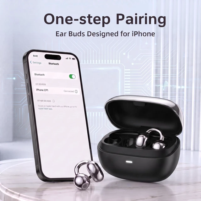Alt view image 2 of 5 - Cyberix Clip-on Open Ear Bluetooth Earbuds for iPhone, 50H Playtime