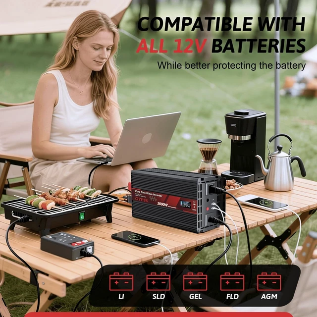 Alt view image 2 of 5 - OYPSX 2000W Power Inverter 12V to 110V 120V AC Pure Sine Wave Inverter for RV Truck Camping,Outdoor Off-Grid Power Converter with LCD Display,Wired Controller,AC Outlets USB Port(12V-2000Watt)