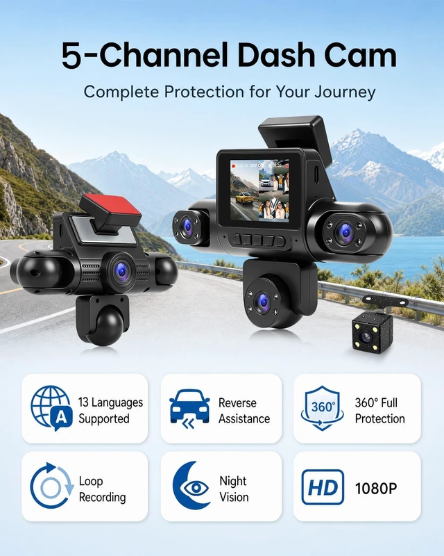 Alt view image 2 of 5 - 5 Channel 360 Dash Cam, 1080P Full Car Dash Camera with 2.0 Inch IPS Screen, Night Vision, Reversing Assist, Loop Recording & Exposure Compensation, Universal for All Vehicles