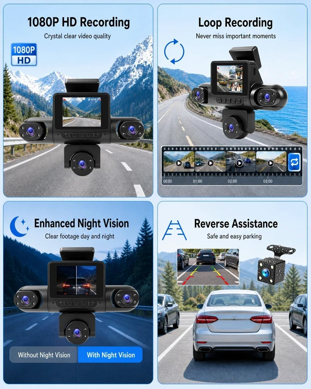 Alt view image 4 of 5 - 5 Channel 360 Dash Cam, 1080P Full Car Dash Camera with 2.0 Inch IPS Screen, Night Vision, Reversing Assist, Loop Recording & Exposure Compensation, Universal for All Vehicles