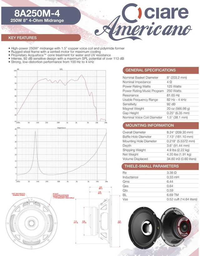 Alt view image 2 of 5 - Ciare Americano 8A250M-4, 8 Midrange Speaker, 4 Ohm, 250W Car Audio Driver