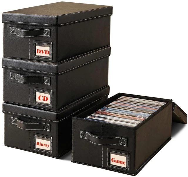 Main image of PUTNATRUE DVD Storage Boxes with Lid, 4 Pack Holds 104 DVD Cases Total, Stackable Leather Media Organizer for Blu ray, Video Game, CDs