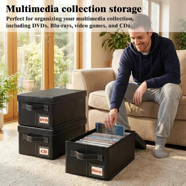 Alt view image 3 of 5 - PUTNATRUE DVD Storage Boxes with Lid, 4 Pack Holds 104 DVD Cases Total, Stackable Leather Media Organizer for Blu ray, Video Game, CDs