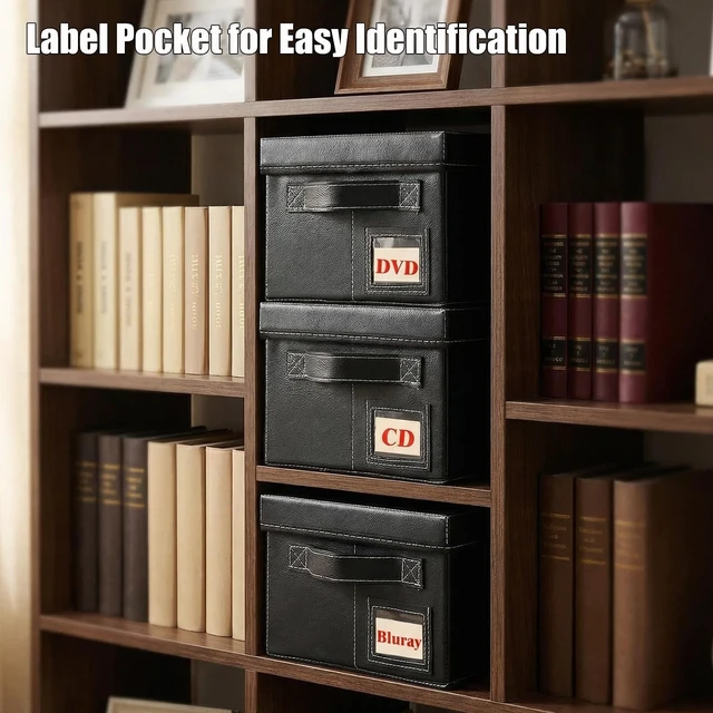 Alt view image 4 of 5 - PUTNATRUE DVD Storage Boxes with Lid, 4 Pack Holds 104 DVD Cases Total, Stackable Leather Media Organizer for Blu ray, Video Game, CDs